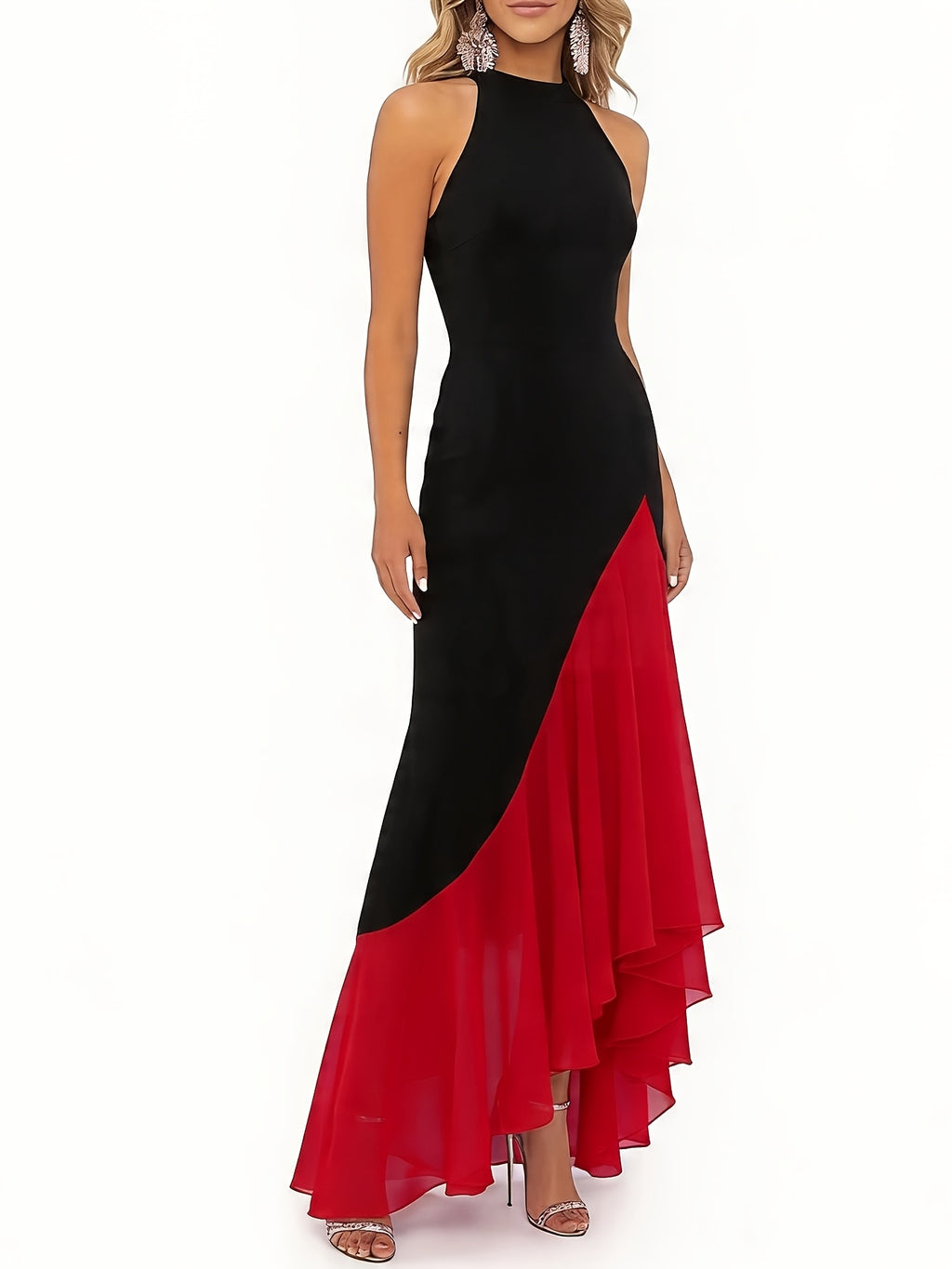 New Women's Black and Red Color-Blocked Sleeveless Spaghetti Strap Long Dress, Fashionable High-Waist Low-Cut Elegant Party Gown, Horizontal Style: WY260329023 - Mixed colors