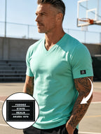 100% Cotton 2pcs Men's Basic V-Neck Pure Cotton Solid Color Short Sleeve T-Shirt, Soft and Skin-Friendly, Versatile Top for Fitness, Casual, and Daily Wear - Black+Aquamarine