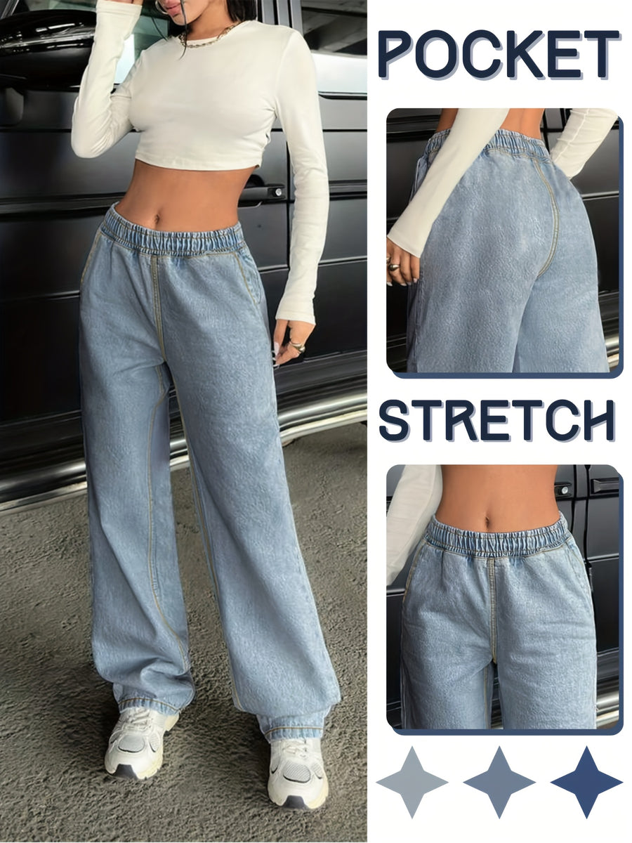 Women'S Fashionable Stretch Denim Long Pants, Comfortable And Versatile Casual Elastic Waist Pants, Suitable for All Seasons, Ideal for Dates, Shopping, Dining Out And Other Occasions, Elegant And Fashionable Slim-Fitting Pants - Bright Steel Blue