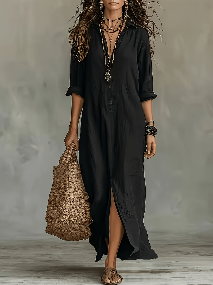Plus Size, Women's Plus Size Spring/Summer/Autumn Bohemian Solid Color Half-Open Lapel Long Blouse, Casual Button-Up Lazy Style Long Sleeve Shirt Dress, Breathable Long Shirt Dress for Beach Vacations, Travel, and Daily Wear - Black