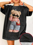 A Round-Neck Short-Sleeve Shirt Featuring a Trendy Faux-Embroidered Bear Design, with a Vintage Loose Fit And Washed-Out Style. Made from A, It Offers Slight Stretch And Breathability, Making It a Perfect Gift for Women'S Daily Commuting - Deep Grey