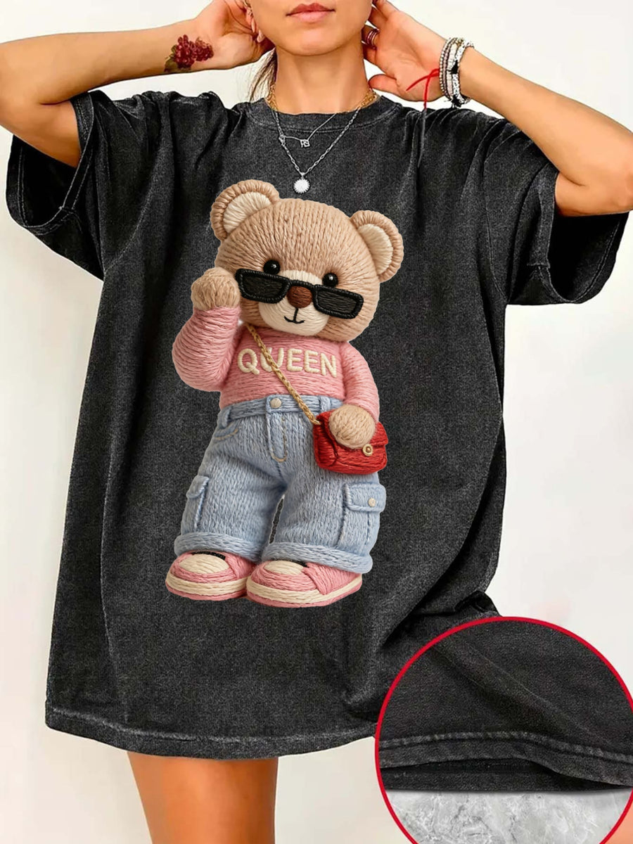 A Round-Neck Short-Sleeve Shirt Featuring a Trendy Faux-Embroidered Bear Design, with a Vintage Loose Fit And Washed-Out Style. Made from A, It Offers Slight Stretch And Breathability, Making It a Perfect Gift for Women'S Daily Commuting - Deep Grey