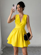 Women'S Romantic Elegant Sexy Wedding Guest Style Wearable Cross V-Neck Sleeveless A-Line Mini Dress - Yellow