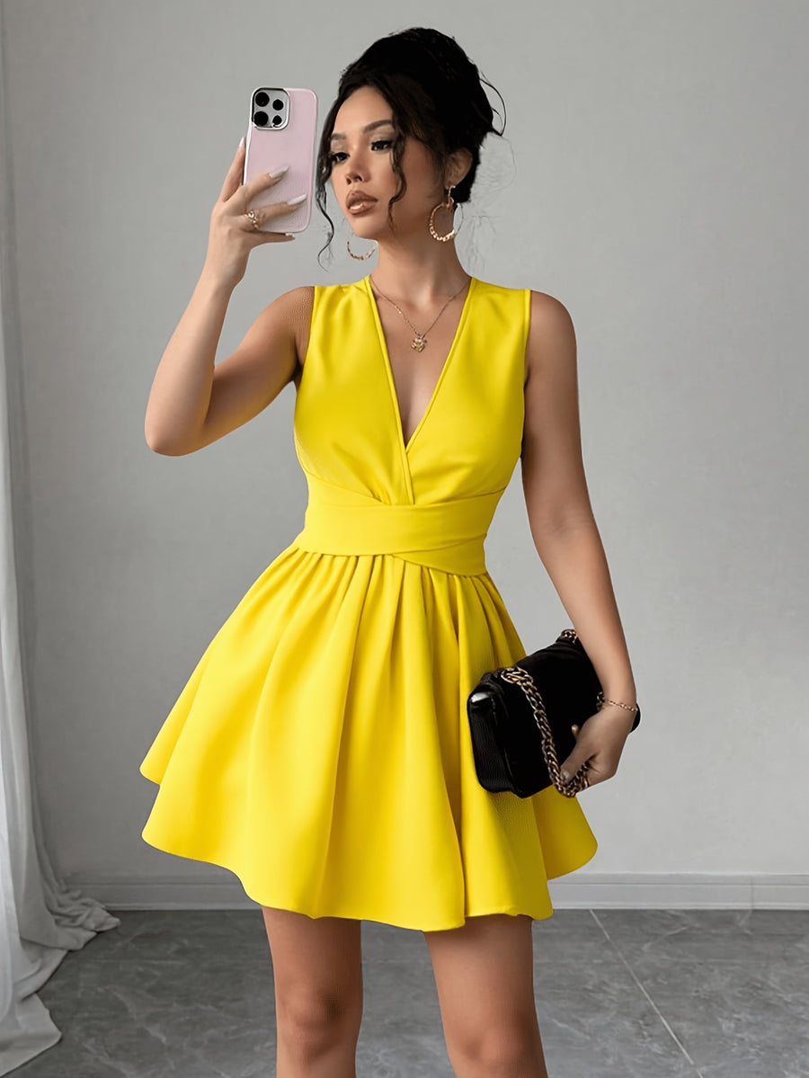 Women'S Romantic Elegant Sexy Wedding Guest Style Wearable Cross V-Neck Sleeveless A-Line Mini Dress - Yellow