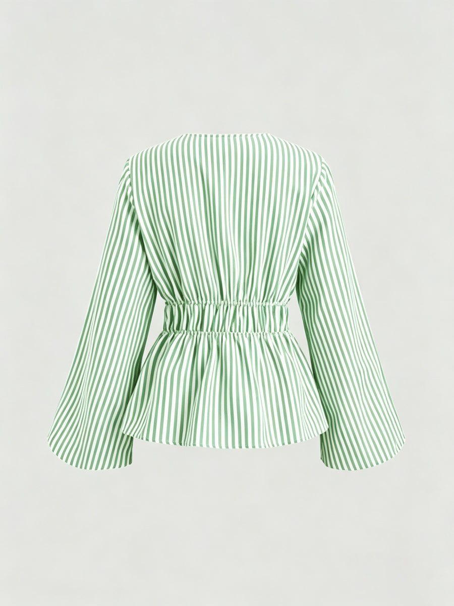 Belted Vertical Stripe Long-sleeve Shirt, Artistic Casual Fashion, Versatile Loose Top - Light Green