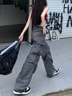 2025 Trendy New Y2K Fashion Gray Women'S Vintage Cargo Pants, Outdoor Casual Large Pocket Wide-Leg Trousers - Grey