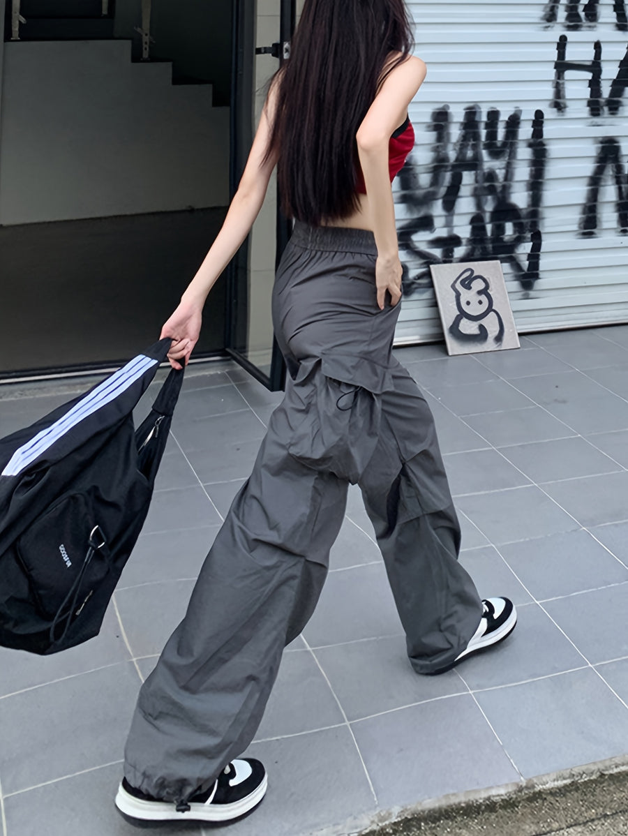 2025 Trendy New Y2K Fashion Gray Women'S Vintage Cargo Pants, Outdoor Casual Large Pocket Wide-Leg Trousers - Grey