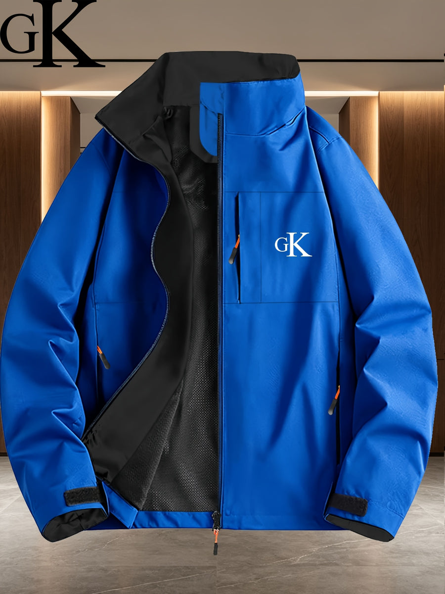 GK Letter Print Navy Blue Lining White Full-Zip Stand Collar Windproof Jacket Men Women Spring Autumn Multi-Pocket Business Casual Outdoor Shell Jacket Winter Clothes for Men - Royal Blue