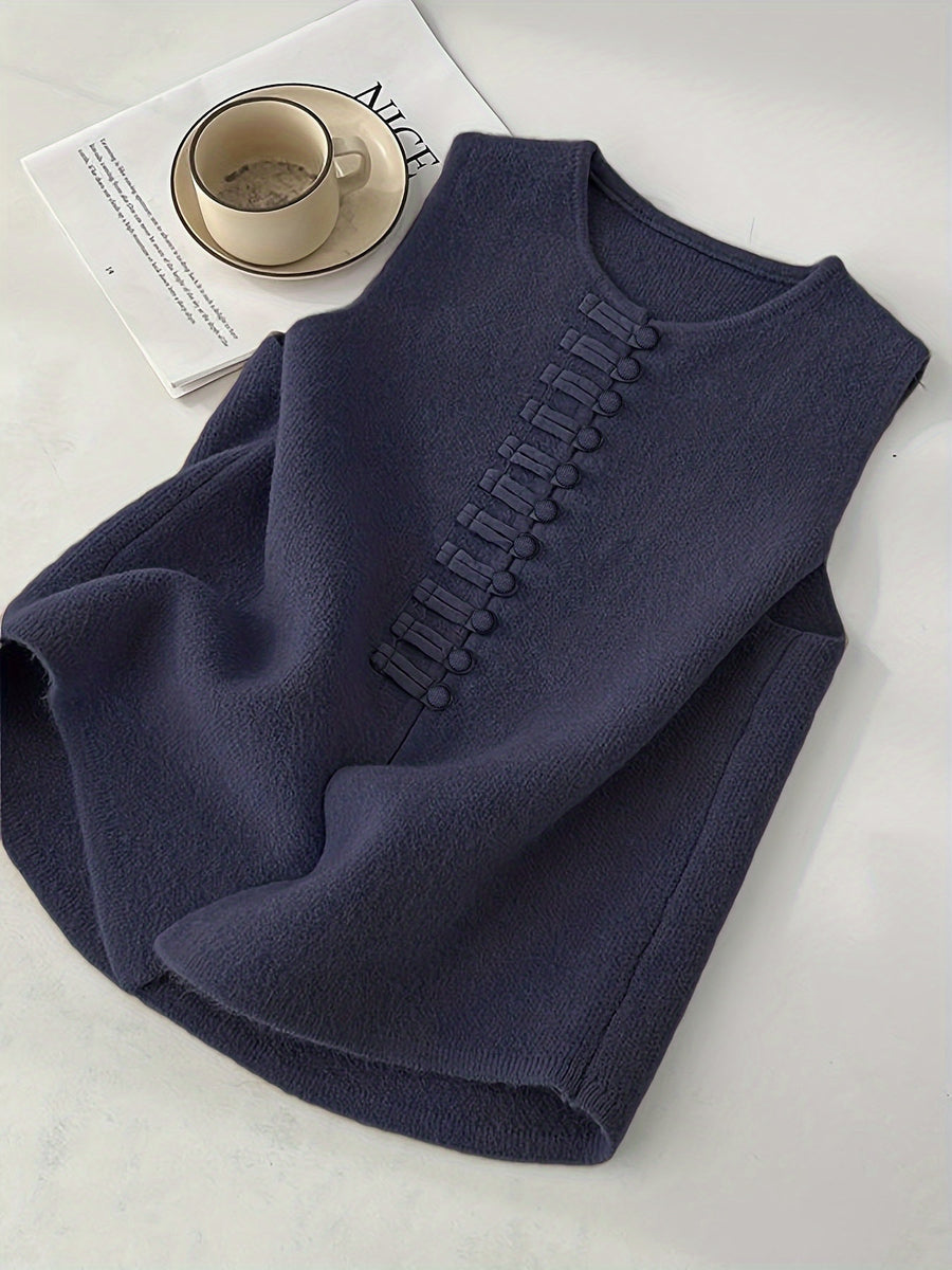 2026 New Women's Spring/Autumn New Chinese-Style Vintage Elegant Casual Solid Color Soft Sweater Vest Outerwear Jacket - Navy Color