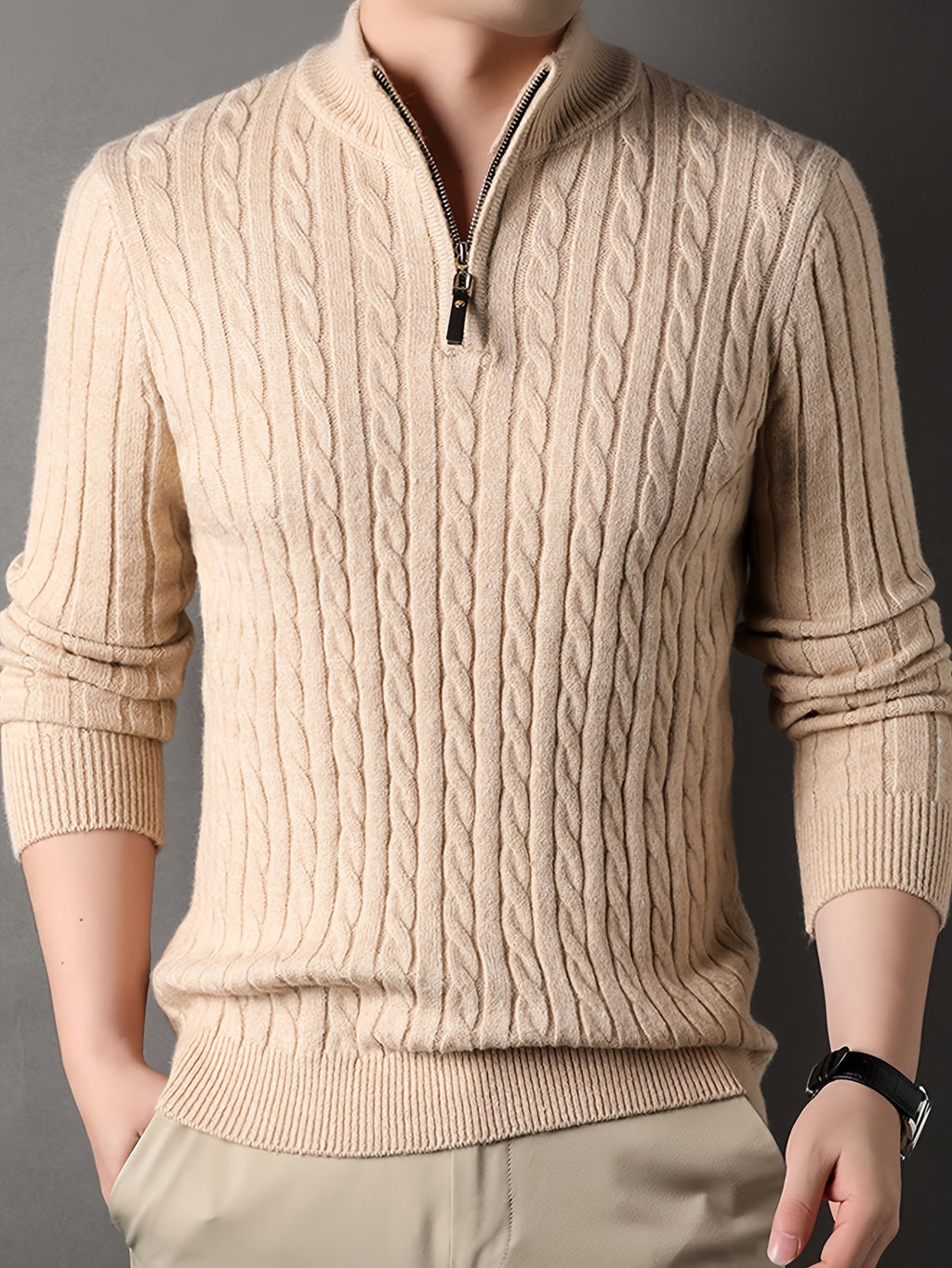 New Autumn Men's Knitted Pullover, Soft and Comfortable, Close-Fitting, Urban Outdoor Fashion, Casual Autumn Wear - Apricot