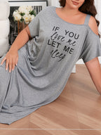 Drop-Shoulder Style Letter Print Long Dress, Plus Size Pajamas, Home Wear - Grey