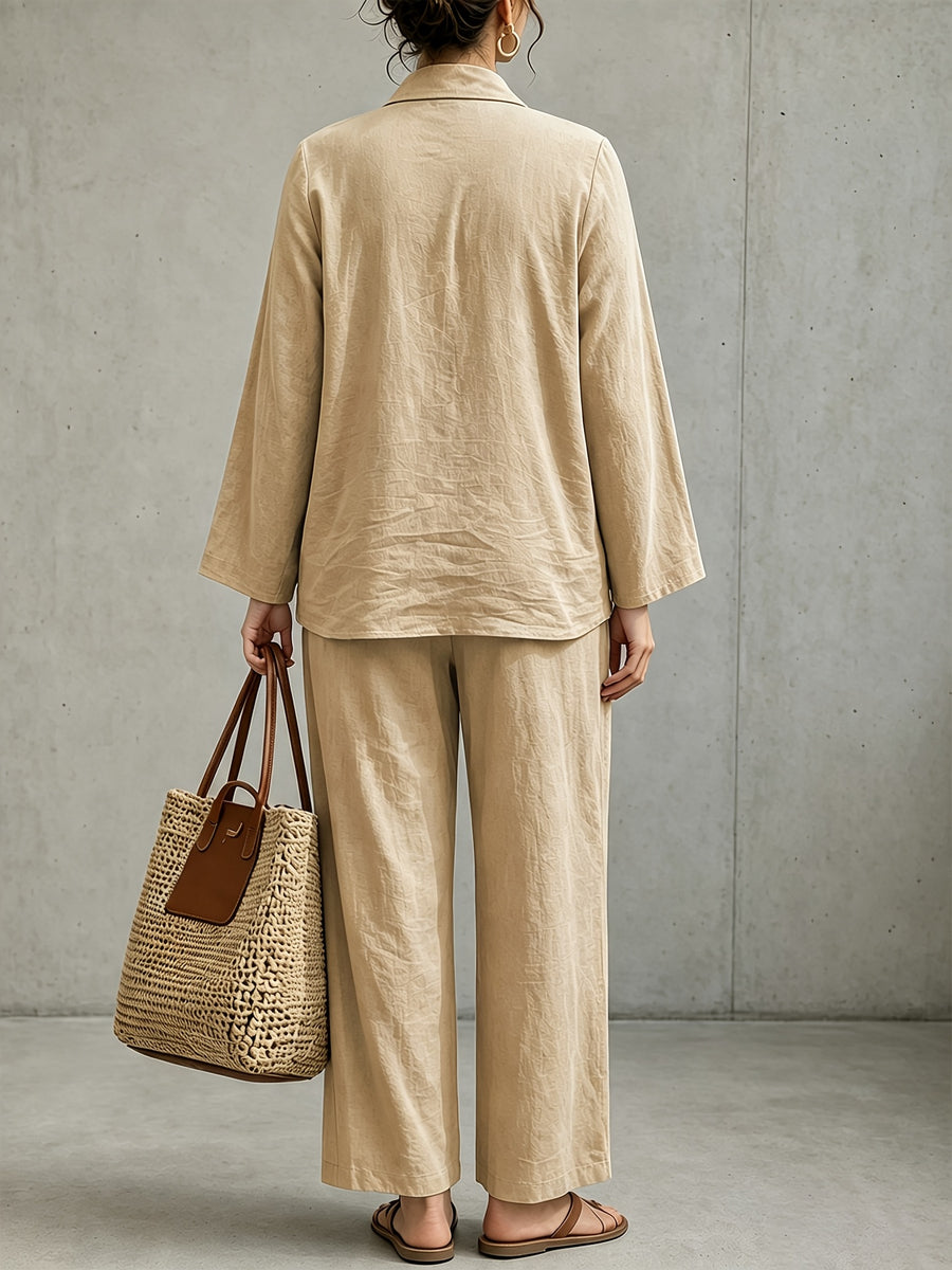 Plus Size - Women'S Autumn Winter Plus Size Solid Color Patchwork V-Neck Long Sleeve Long Pants Set with Pockets, Suitable for Commuting, Vacation Beach, Travel, Shopping, And Casual Wear - Khaki