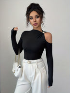 Women's Fashion Slant Collar Design with Metal Decoration Autumn Winter Long Sleeve Top - Black