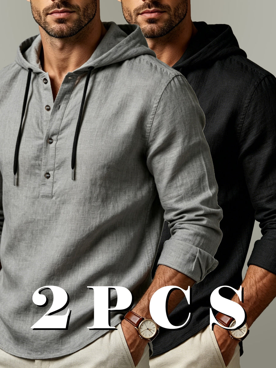 2pcs Men'S Linen-Like Hooded Henley Long Sleeve Sweatshirt Set, Breathable Thin Solid Color Half-Open Placket Casual Pullover Henley Shirt, Soft Comfortable Textured Fabric Fresh And Non-Stuffy, Loose Slimming Versatile Fit - 2pcs【Grey+Black】