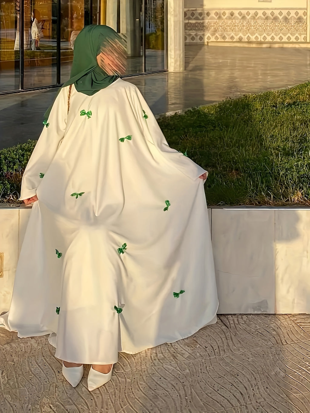Middle Eastern Arabic Robe, Bow Long Dress, Loose, Women's Kaftan, Gown, Dress, Fashionable and Elegant, Alba Dress - Green Bow