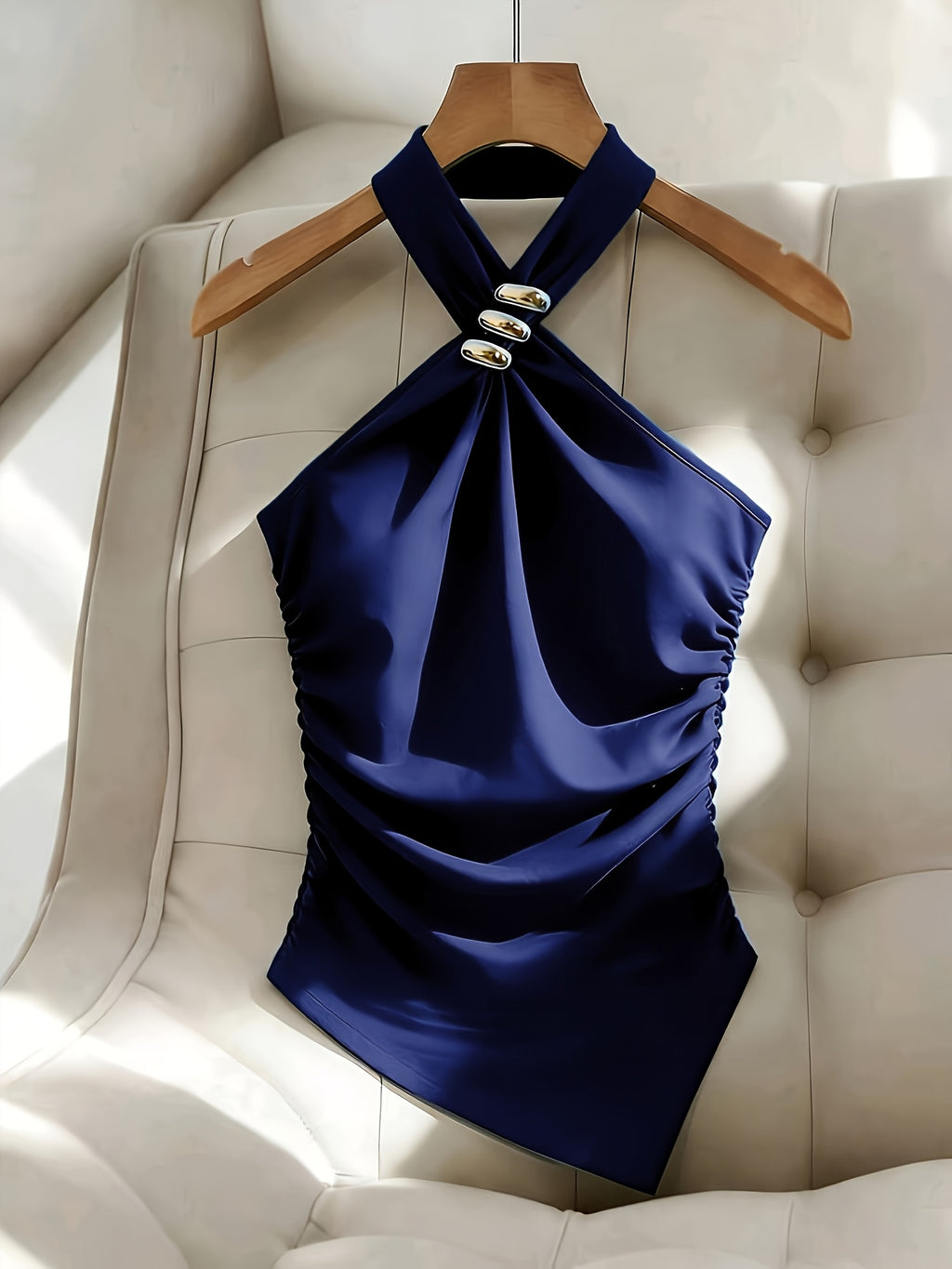 Women'S Solid Color Neckline Exquisite Metal Accessory Halter Slim Off-Shoulder Elegant Asymmetrical Hem Top, Side Waist Cinched Ruched Top, Metal Embellished Button Design, Suitable for Dates, Gatherings, Commuting - Navy Color