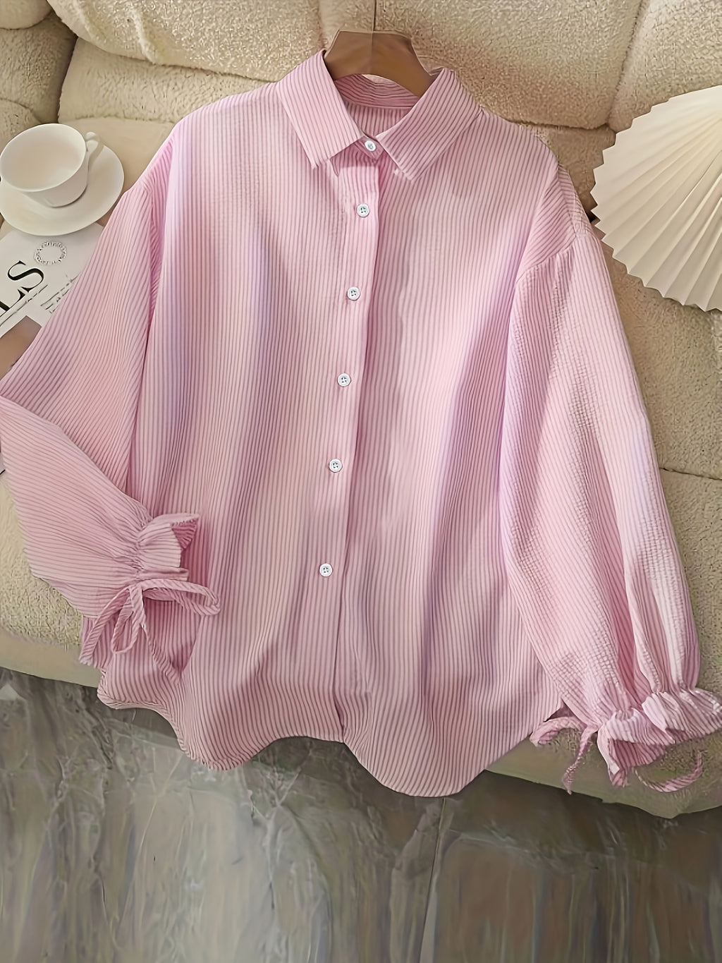 New Women's Beautiful Striped Shirt with Cuff Tie Bow Decoration, Casual Shirt - Pink Color