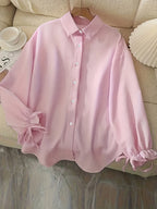 New Women's Beautiful Striped Shirt with Cuff Tie Bow Decoration, Casual Shirt - Pink Color