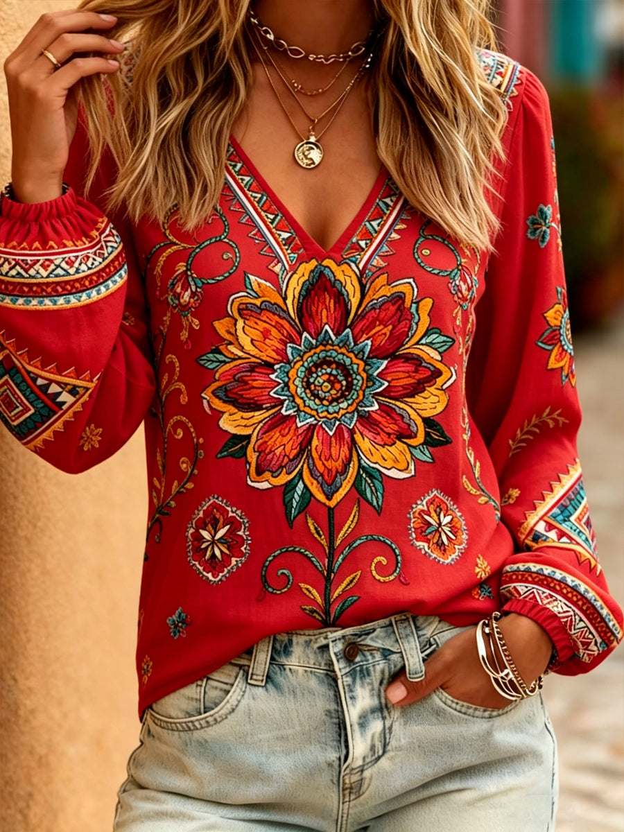 Casual Temperament Elegant Fashion Design Vacation Charm Vintage Long Sleeve V-Neck Printed Top, Vacation Commute All-Match Fashion Top, Women'S Clothing - Red
