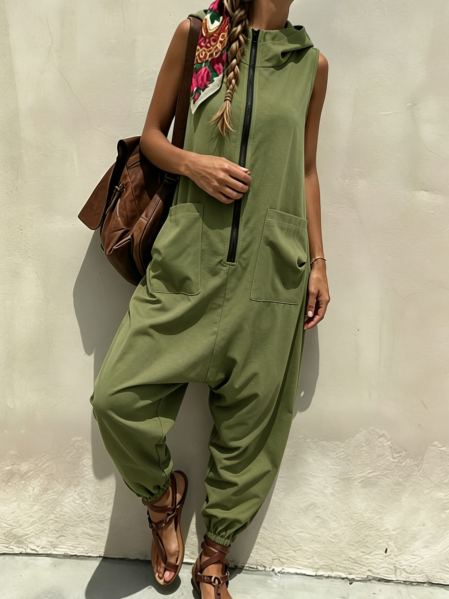 SEPCHIR Women's Sleeveless Half-Zip Hooded Romper - Solid Color Oversized Jumpsuit with Cuffed Hem & Zipper Front, Loose Fit Spring/Summer Outfits Suitable for Daily Wear, Shopping, Weekend Outings, Machine Washable - Olive