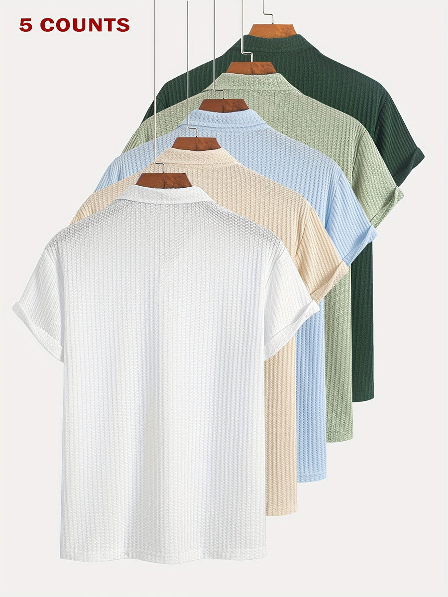 5Pcss Summer Casual Athletic Jacquard Knit Short Sleeve Polo Shirt Set, Textured Short Sleeve Polo Top 5Pcss Pc - Multicolor 6