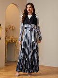 Women Modest Brown Geometric Patchwork Print Pleated Abaya Open Front Long Cardigan Lapel Dubai Saudi Arab Kimono Duster Coat High Quality Plisse Loose Robe Outerwear Banquet Party Evening - White