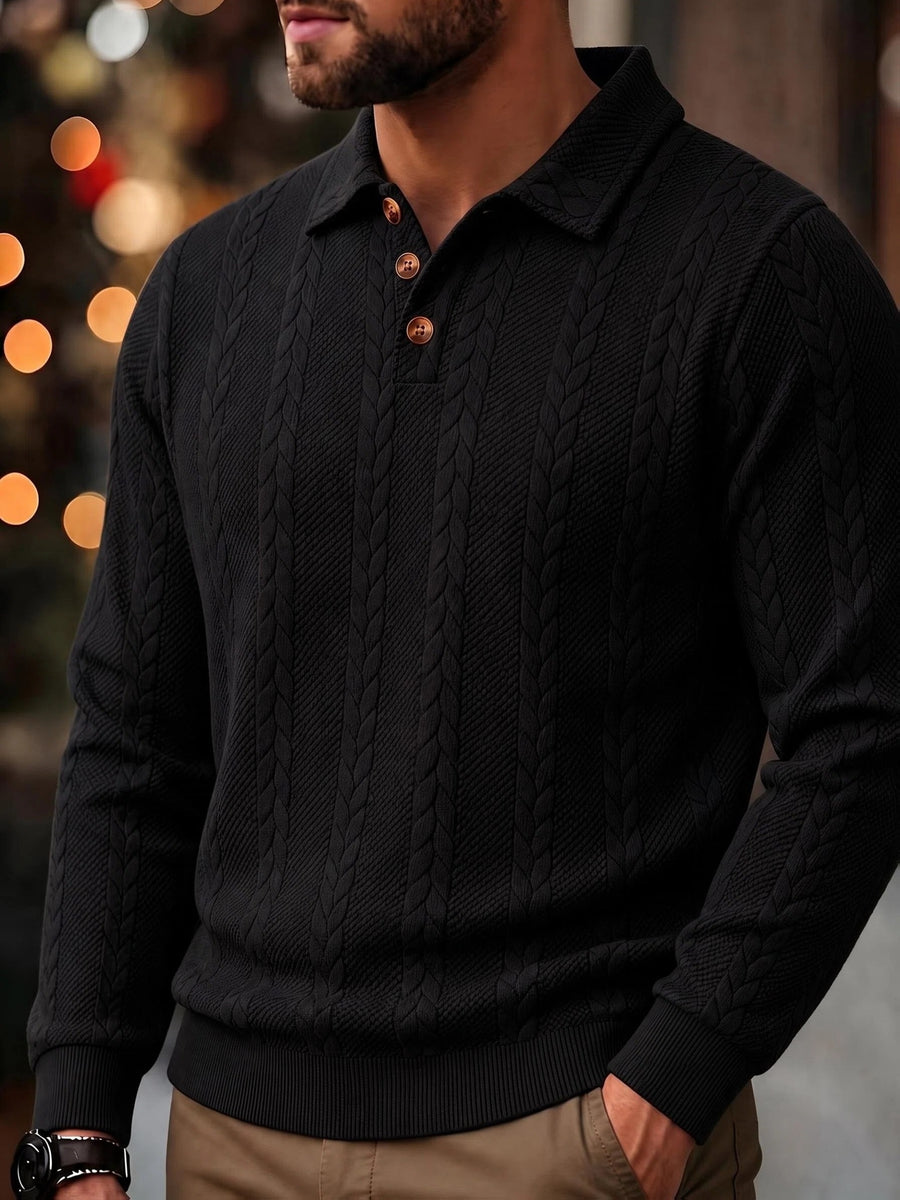 1pc Men's Striped Jacquard Long-Sleeve Polo Shirt, Autumn/Winter Textured Vintage Style Outdoor Casual Henley Top - Black