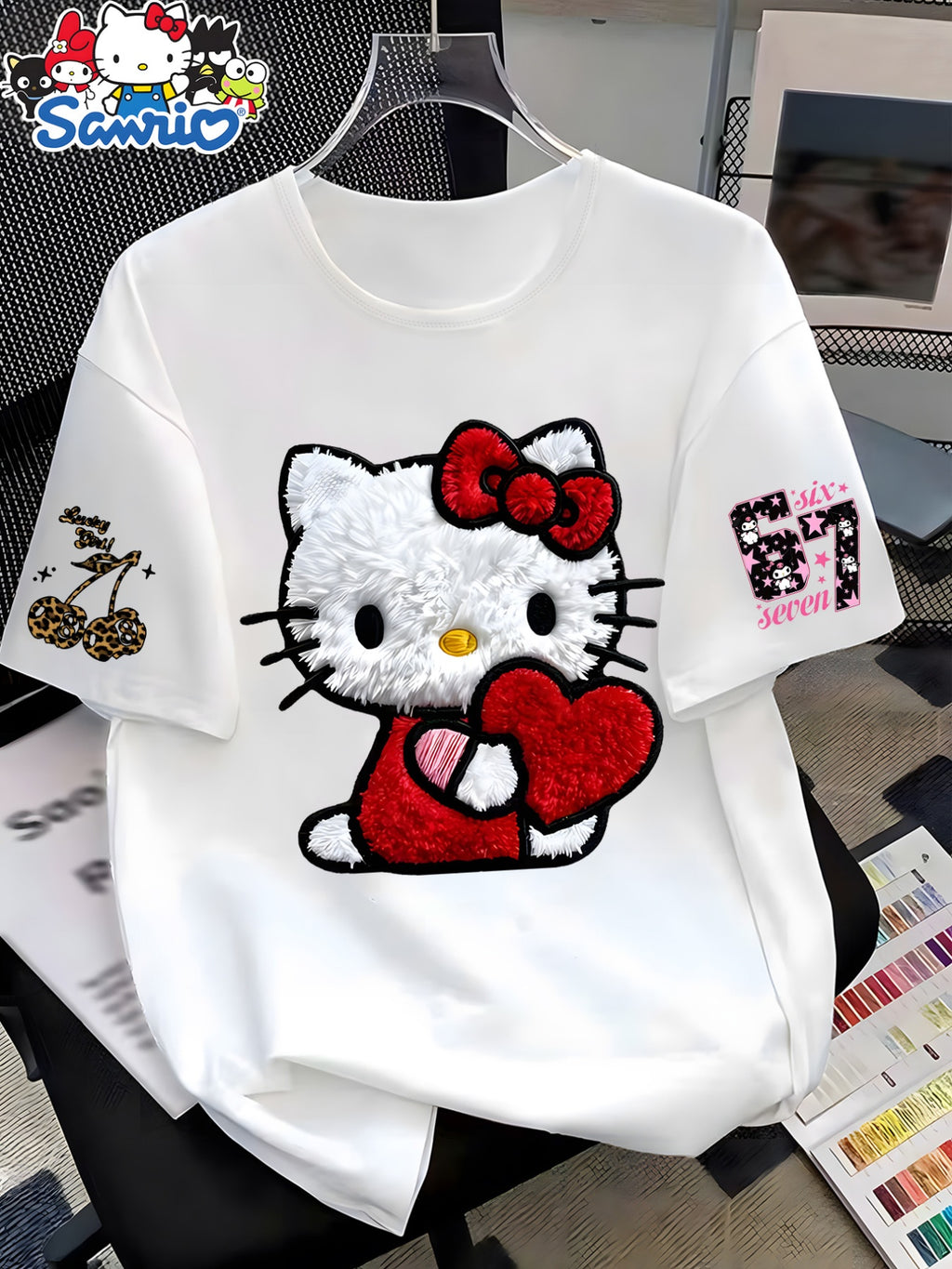 Summer New -Border European And American Women'S Short Sleeve T-Shirt, Hellokitty Cartoon Cute Pattern Print Design, Loose Round Neck Short Sleeve Casual Top, Comfortable And Fashionable Home Wear, Multi-Color Options, Easy Style, Trendy Design - White