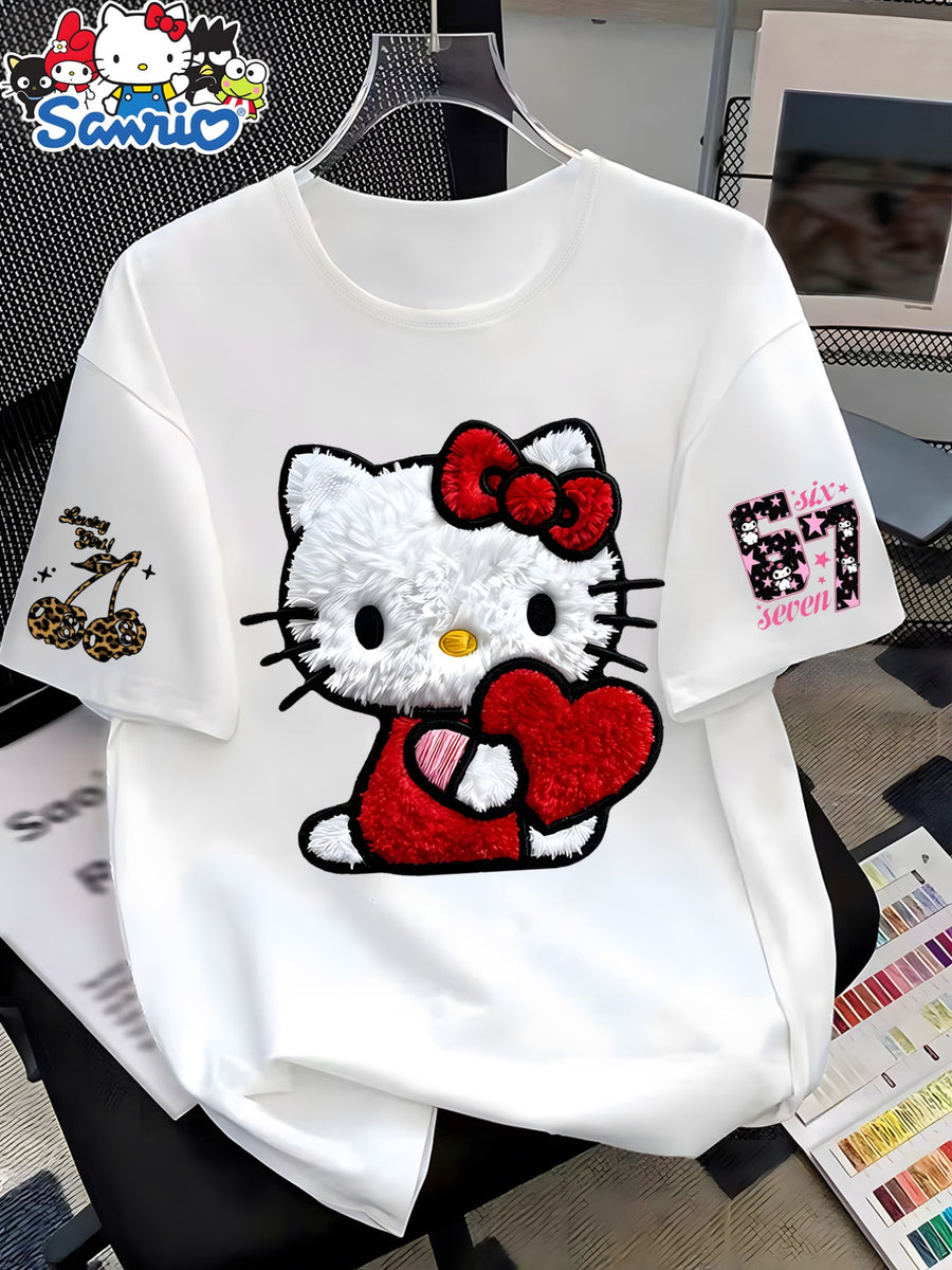 Summer New -Border European And American Women'S Short Sleeve T-Shirt, Hellokitty Cartoon Cute Pattern Print Design, Loose Round Neck Short Sleeve Casual Top, Comfortable And Fashionable Home Wear, Multi-Color Options, Easy Style, Trendy Design - White