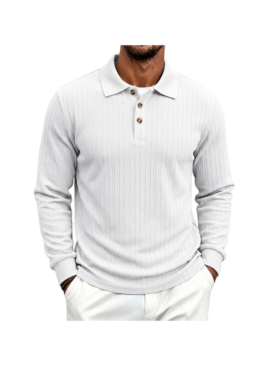Men's Cable Twist Knit Long Sleeve Polo Shirt, Classic Collar 3 Buttons Solid Pullover, Casual Business Slim Fit Textured Top for Autumn Winter - White