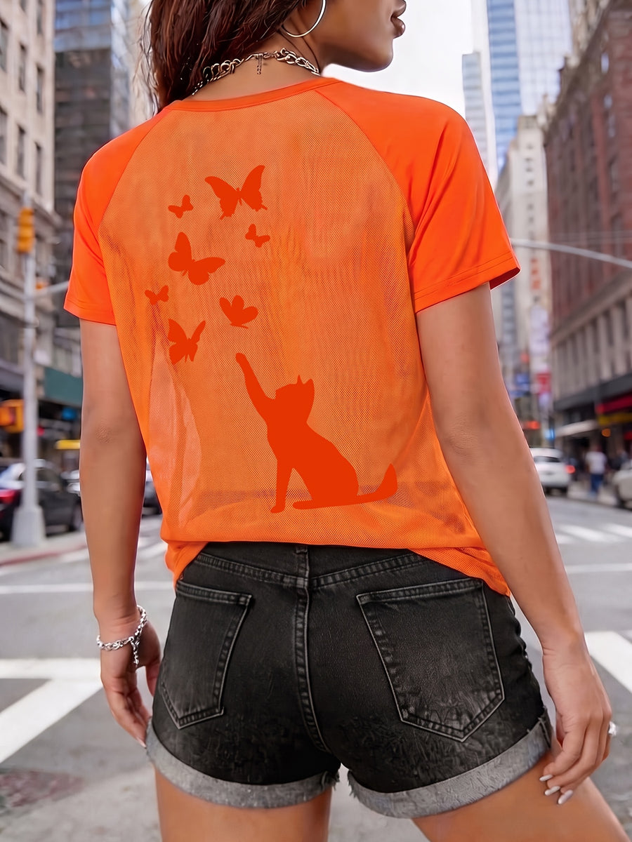 Women's Sexy Backless Careful Machine, Printed with Cat Butterfly Plush Print Pattern, Semi Transparent Round Neck T-shirt, Breathable Mesh Fabric, Suitable for All Seasons, Suitable for Casual and Formal Wear - Orange red