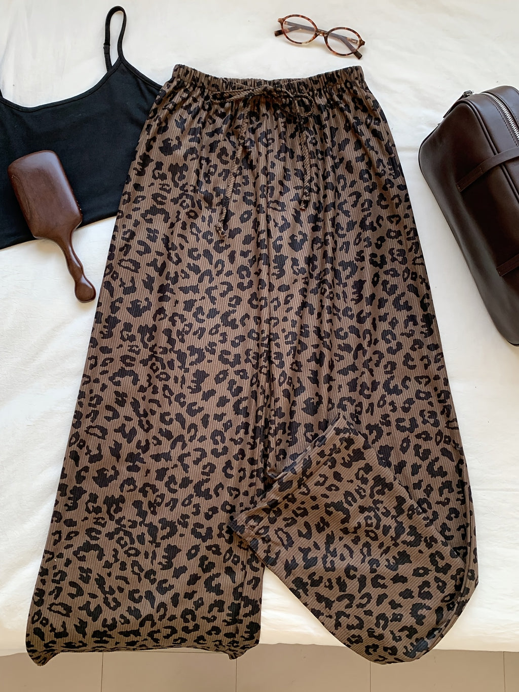 Women's Casual Leopard Print Drawstring Waist Wide-Leg Pants ASD1 - Coffee Brown