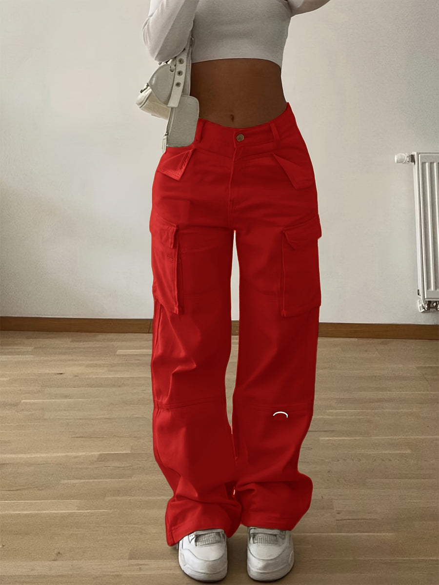 Designer Cargo Pants with Flap Pockets, Women's Elegant Casual Solid-color Trousers, Women's Pants - Red