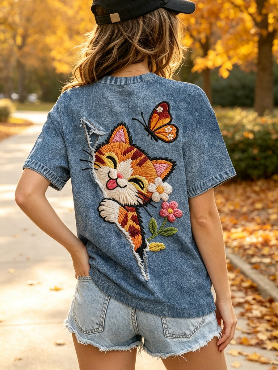 [Printed Pants - Not Denim Fabric] 2026 Summer/Autumn New Standard Size Women's Imitation Denim Faux Embroidery Cat Print Short Sleeve T-Shirt, Soft and Cute Casual Style, Suitable for Home, Leisure, and Commuting in Multiple Scenarios - Mixed colors