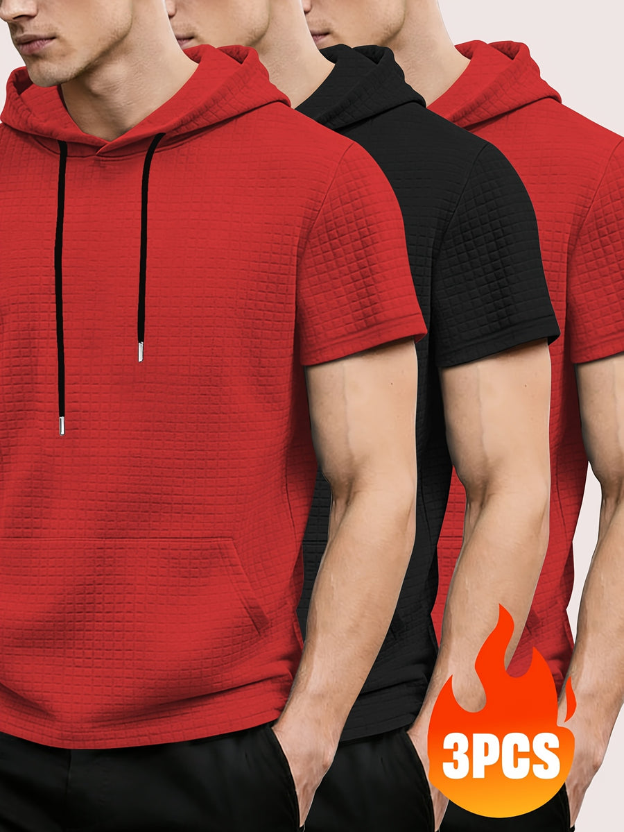 3pcs Men's Waffle Knit Short Sleeve Hoodie with Kangaroo Pocket, Soft and Breathable Fabric, Multiple Color Options, Versatile for Daily Wear, Simple and Stylish Casual Sportswear, Suitable as Matching Family Outfits, Great Choice for Gifts - Red+black+red