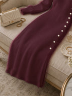 Women's Casual Plush Maxi Dress, V-Neck Long Sleeve Button Front Split Sweater Dress, Versatile for Autumn/Winter Daily Commuting, Soft and Comfortable Fabric, Christmas Style, Suitable for Party Outfits and Banquet Attire - Burgundy