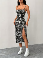 A Summer Dress for Women with a Side Slit And Thin Straps, Featuring a Floral Pattern - Black
