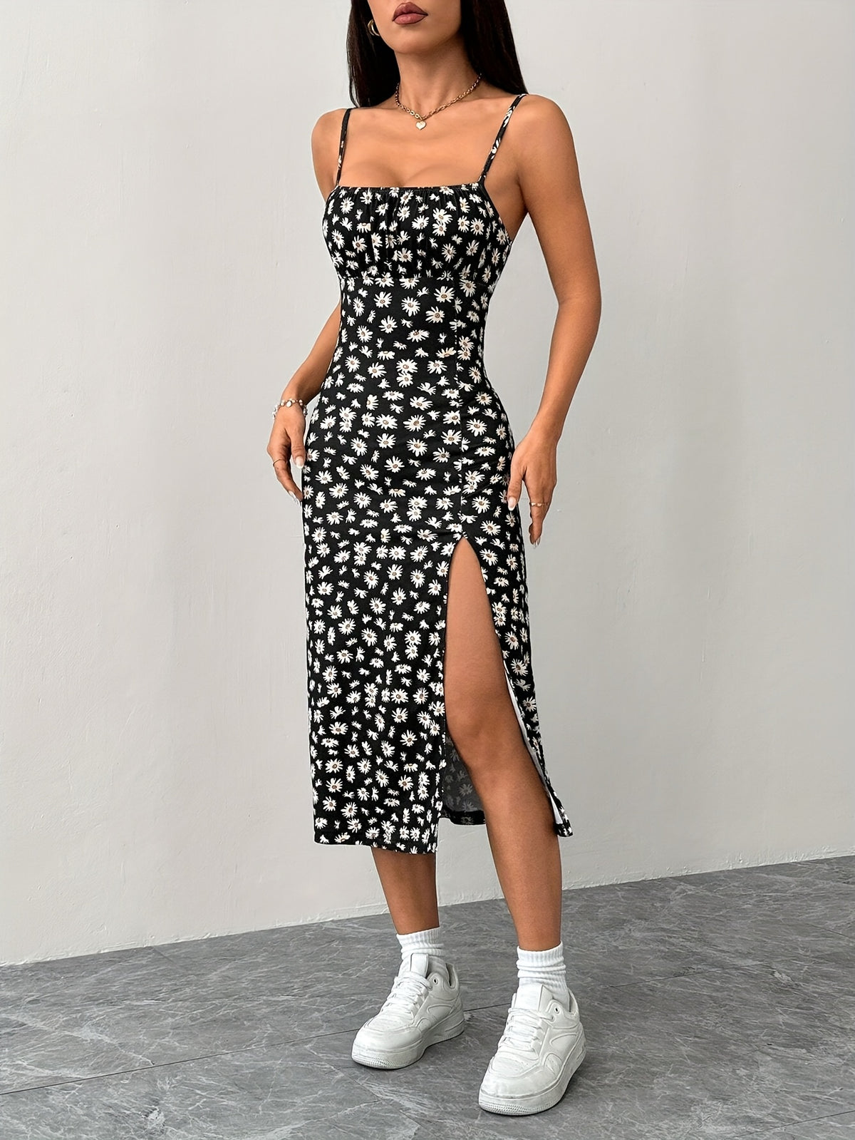 A Summer Dress for Women with a Side Slit And Thin Straps, Featuring a Floral Pattern - Black