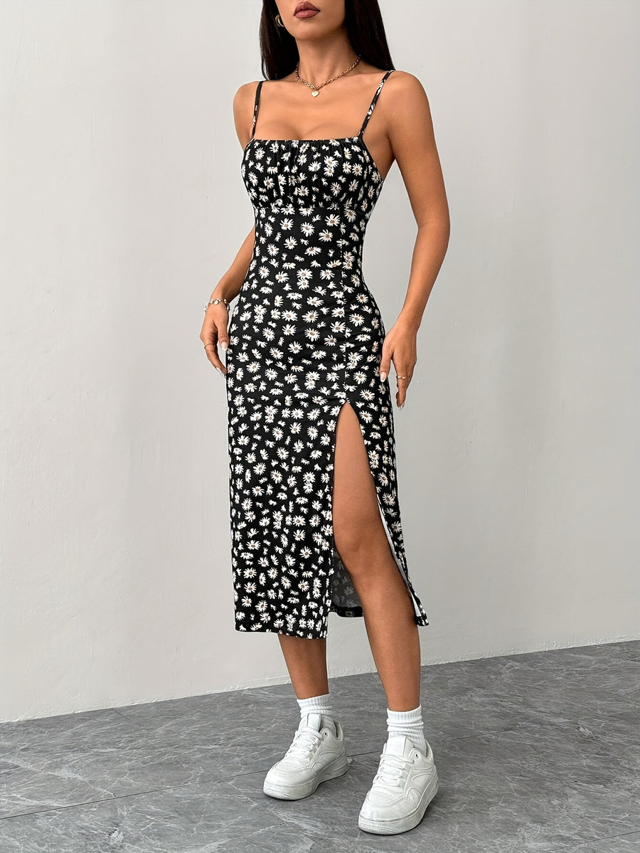 A Summer Dress for Women with a Side Slit And Thin Straps, Featuring a Floral Pattern - Black