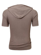 Men's Waffle Knit Hooded Short Sleeve T-Shirt - Adjustable Hood with Waffle Texture, Breathable Casual Top, Machine Washable Suitable for - Wear, Versatile for Gym, Outdoor & Everyday Use, Fit Short Sleeve Shirt - Light Brown-1
