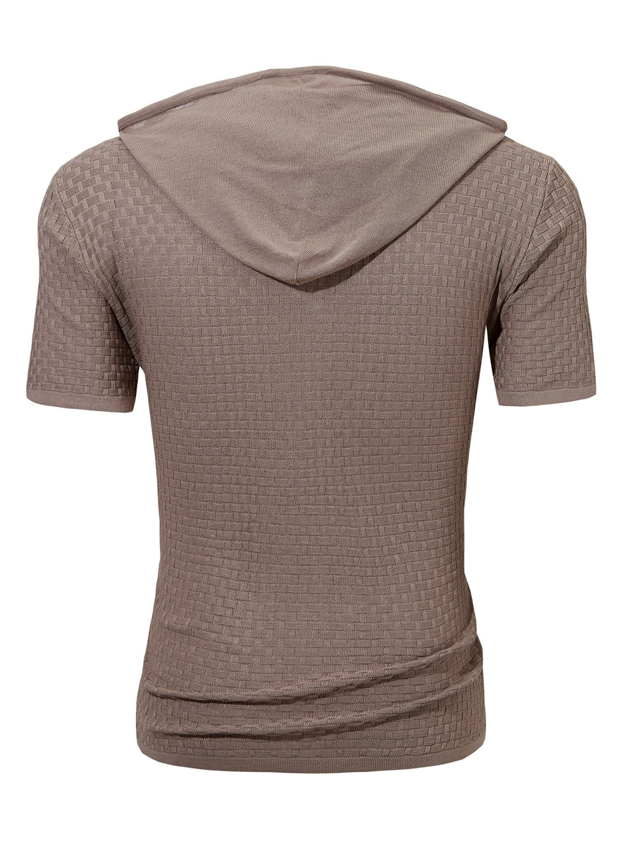 Men's Waffle Knit Hooded Short Sleeve T-Shirt - Adjustable Hood with Waffle Texture, Breathable Casual Top, Machine Washable Suitable for - Wear, Versatile for Gym, Outdoor & Everyday Use, Fit Short Sleeve Shirt - Light Brown-1