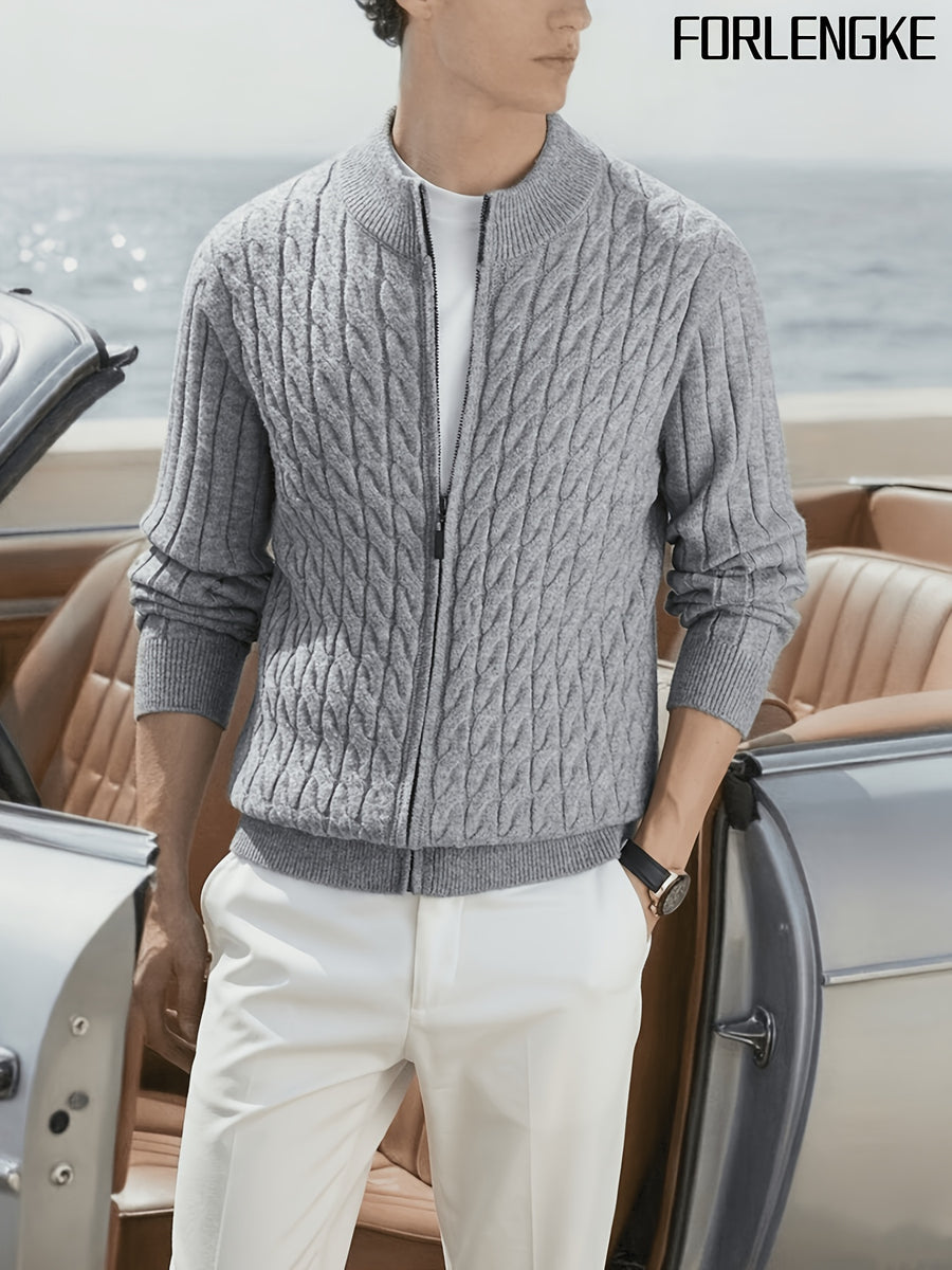 FORLENGKE Men'S Stand Collar Zip-Up Knit Jacket, Autumn And Winter Retro Cable Knit Sweater Cardigan, Comfortable Soft Long Sleeve Top, Everyday Commuting Casual Easy Versatile Knitwear in Multiple Colors - Grey