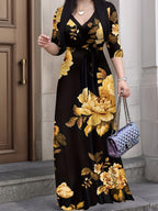 Women's Elegant V-Neck -Line Maxi Dress with & 3/4 Sleeves - Floral Print Midi-to-Maxi Length Dress for Spring Summer Wedding Guest, Dress - Machine Washable -Line Gown Suitable for Bridesmaids - Black