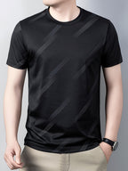 Men's Breathable Mesh Short Sleeve T-Shirt - Lightweight Non-Stick Summer Shirt Suitable for Business Casual & Casual Attire, Round Neck Striped Style (No Belt) for Office, Travel, Layering - Non- Round Neck - Black