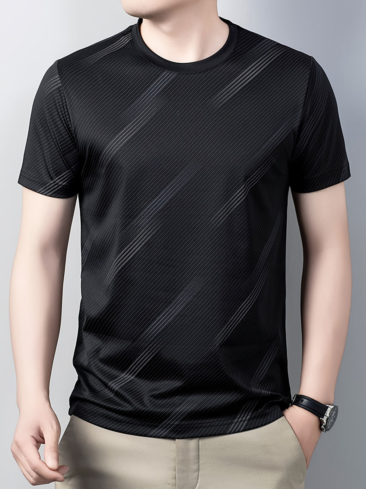 Men's Breathable Mesh Short Sleeve T-Shirt - Lightweight Non-Stick Summer Shirt Suitable for Business Casual & Casual Attire, Round Neck Striped Style (No Belt) for Office, Travel, Layering - Non- Round Neck - Black