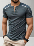 Men's Solid Color Henry Shirt, Breathable Basic T-shirt, Regular Button up Henry Collar Top, Retro Style Pullover, a Great Gift for Daily Commuting Wear. - Grey