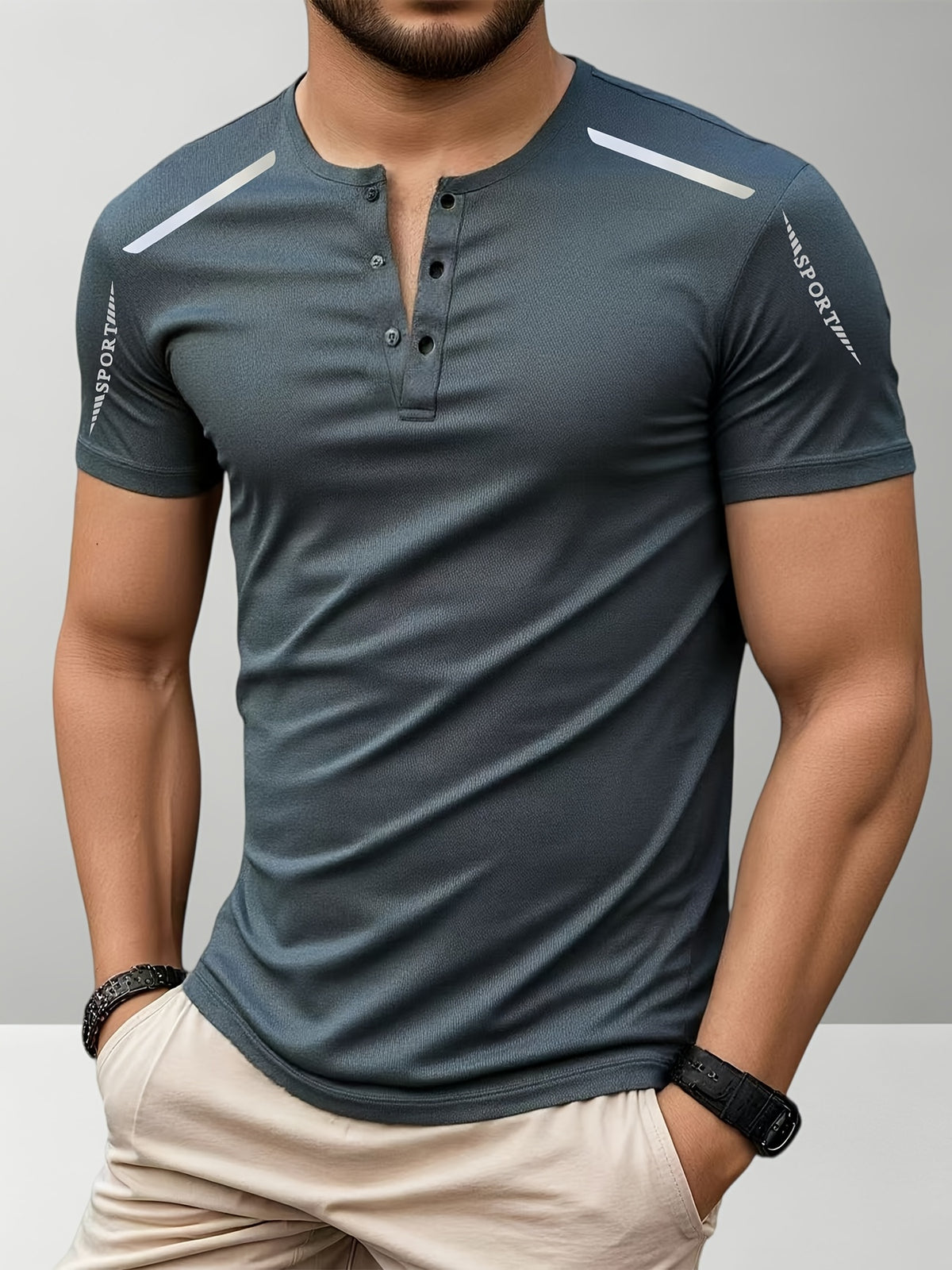 Men's Solid Color Henry Shirt, Breathable Basic T-shirt, Regular Button up Henry Collar Top, Retro Style Pullover, a Great Gift for Daily Commuting Wear. - Grey