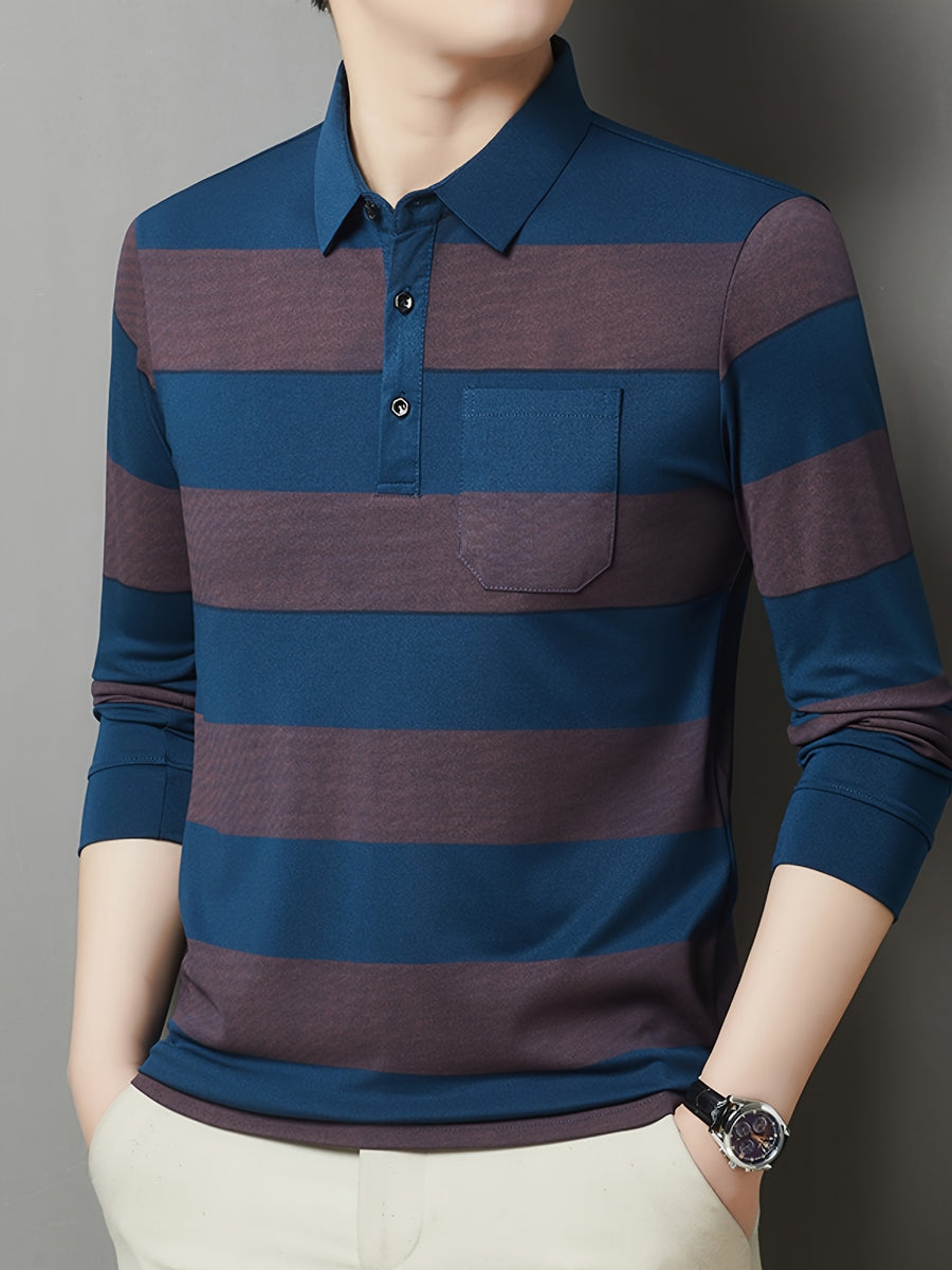 SaXing OBM Men's New Spring/Autumn Polo Shirt, Contrast Color Half-Open Placket Single-Breasted Polo Collar Long Sleeve Pullover Base Layer Top, Suitable for Spring, Summer, Autumn, and Winter Wear, Versatile for Daily and Casual Wear - Navy
