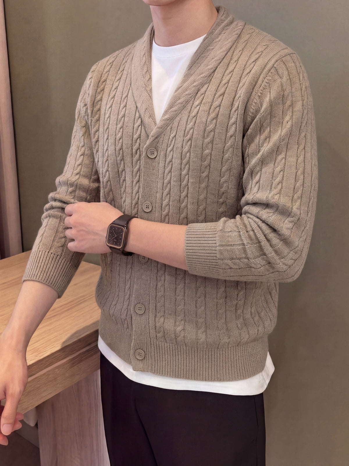 Autumn Winter Men'S Button-Up Sweater, Lapel Sweater Jacket, Solid Color Twisted Rope Cable Pattern, Casual Retro Style, Comfortable Soft Fabric, Men'S Outerwear, Men'S Sweater, Knit - Khaki