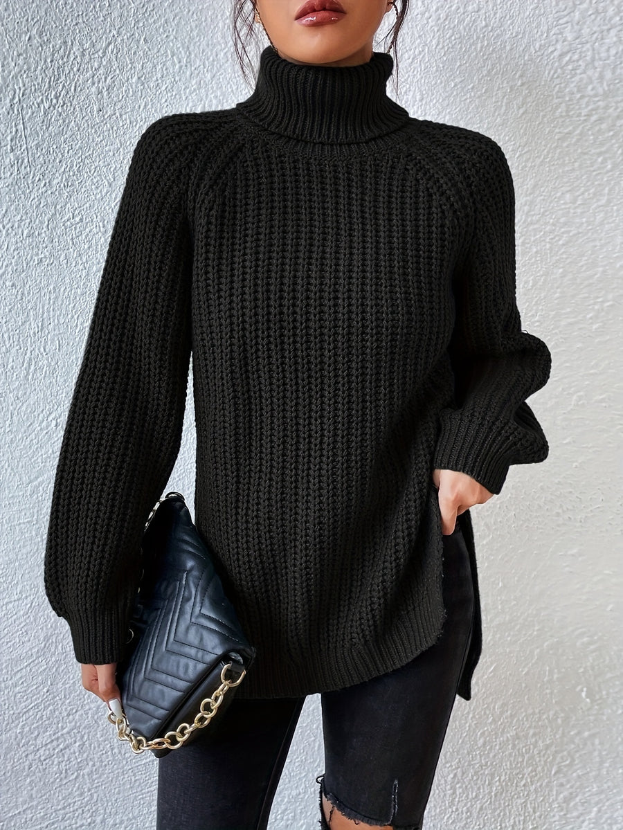 Women's New Arrival Elegant Casual Versatile Vacation Commute Office Sisters Outing Shopping Y2K Daily Wear Autumn Winter Solid Color High Neck Lapel Raglan Long Sleeve Top Spring Slit Hem Sweater Party Outfit Birthday Top Commute Wear Casual Wear - Black